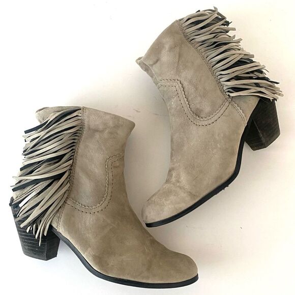 Sam Edelman Taup Leather Fringe Heeled Bootie Sz 9.5 Boho Chic Western Cowgirl - Picture 1 of 12